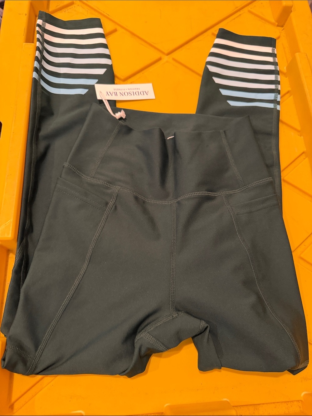 Addison Bay Women Dark Green Leggings with Blue and White Stripe Calf Detail
